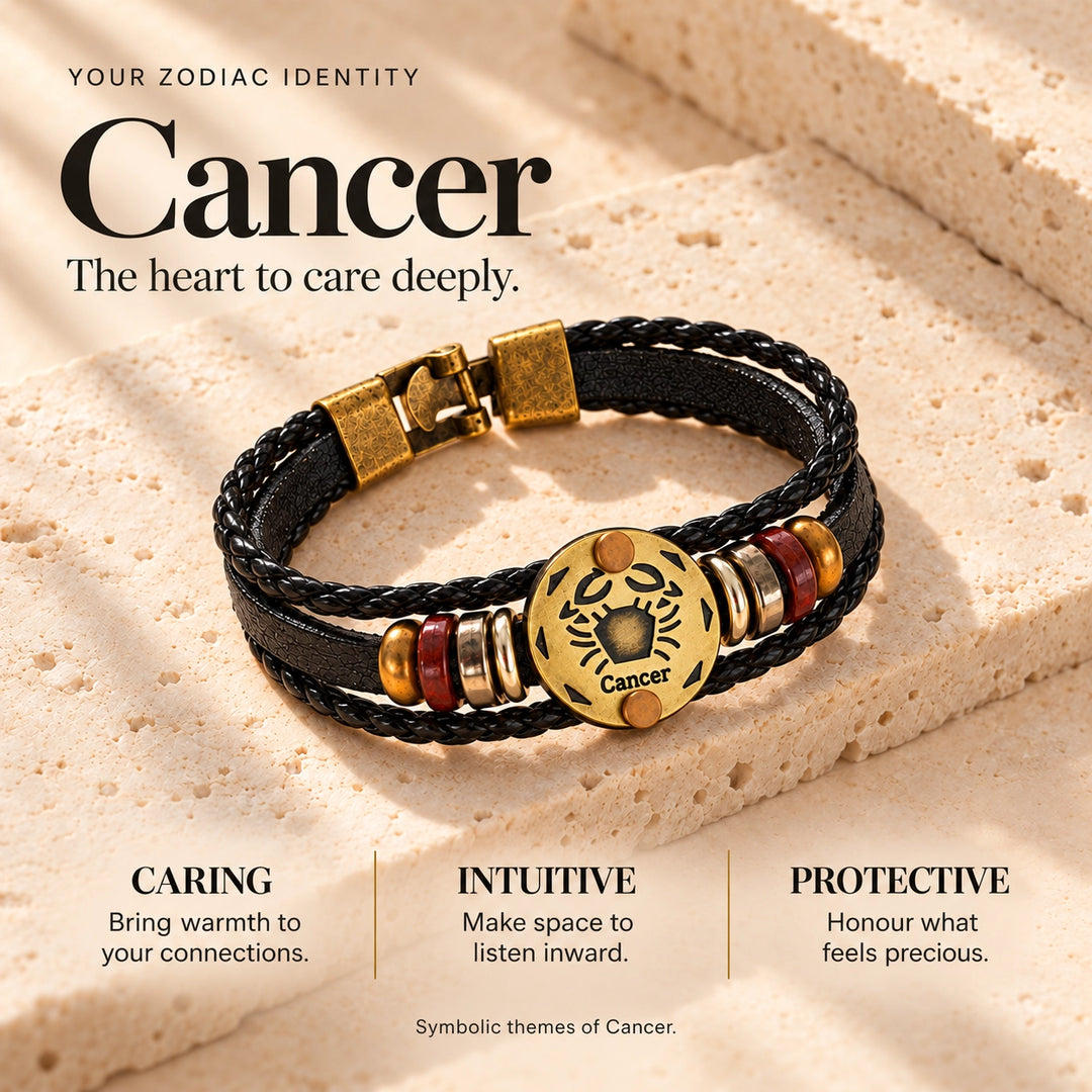 Cancer Zodiac Bracelet – Black Braided Leather Bracelet with Antique Gold-Tone Charm