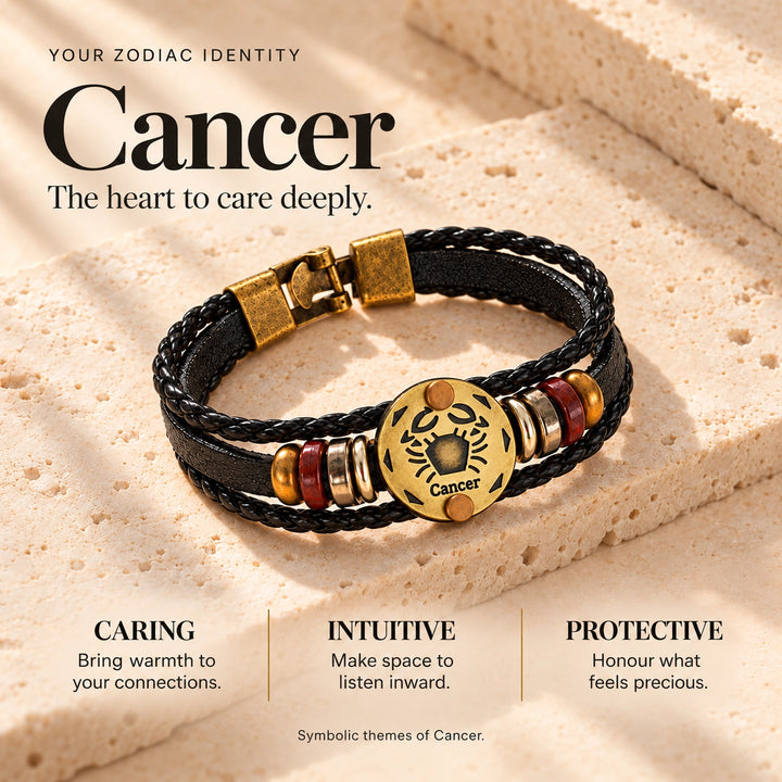 Cancer Zodiac Bracelet – Black Braided Leather Bracelet with Antique Gold-Tone Charm