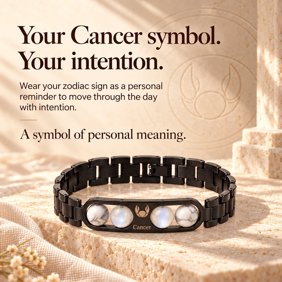 Cancer Zodiac Black Metal Bracelet with White &amp; Blue Stone Detailing for Men &amp; Women