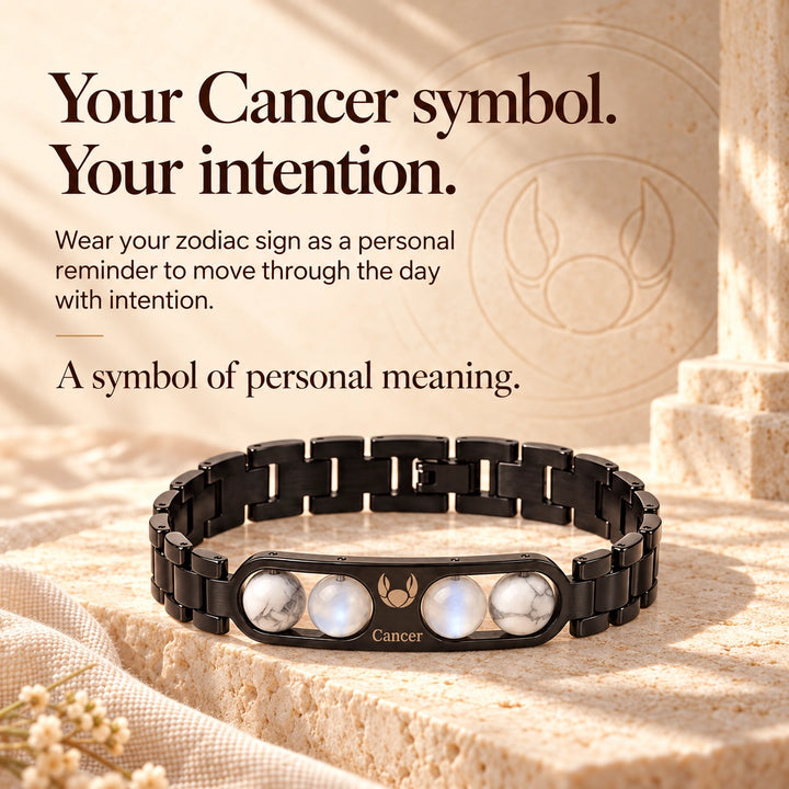 Cancer Zodiac Black Metal Bracelet with White &amp; Blue Stone Detailing for Men &amp; Women