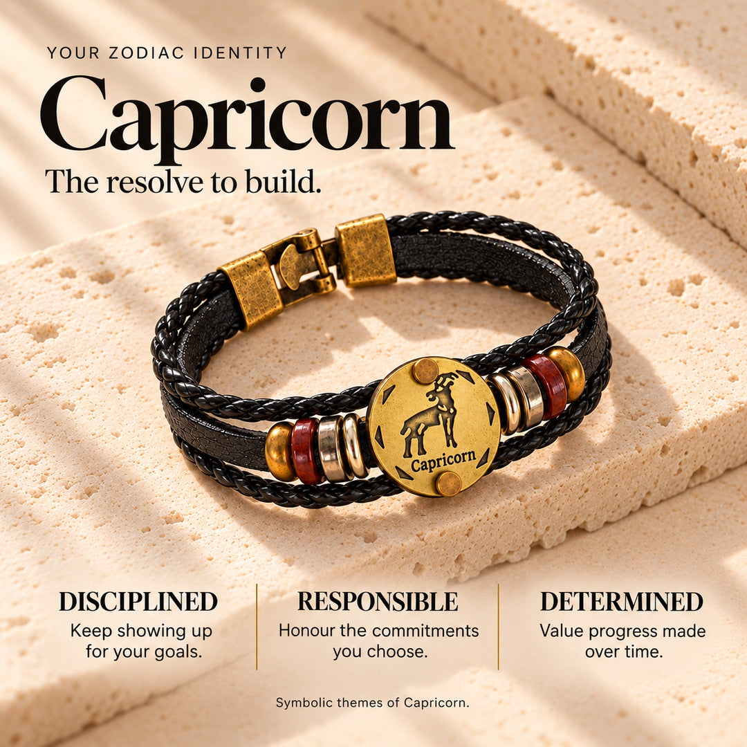 Capricorn Zodiac Bracelet – Black Braided Leather Bracelet with Antique Gold-Tone Charm