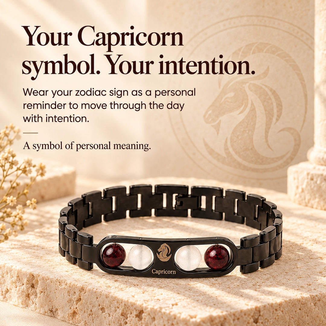 Capricorn Zodiac Black Metal Bracelet with Red &amp; White Stone Detailing for Men &amp; Women