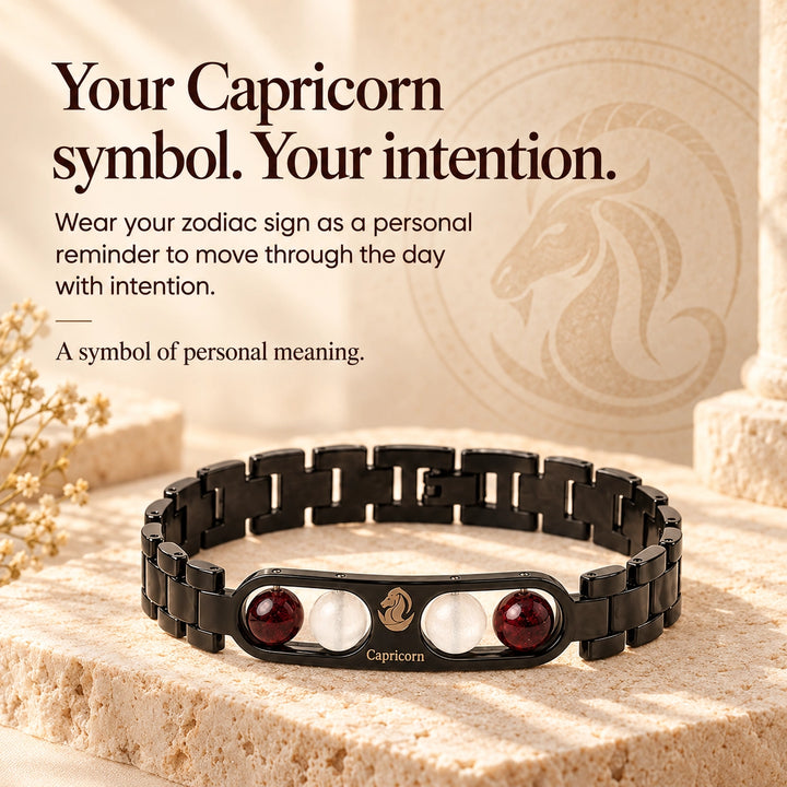 Capricorn Zodiac Black Metal Bracelet with Red &amp; White Stone Detailing for Men &amp; Women