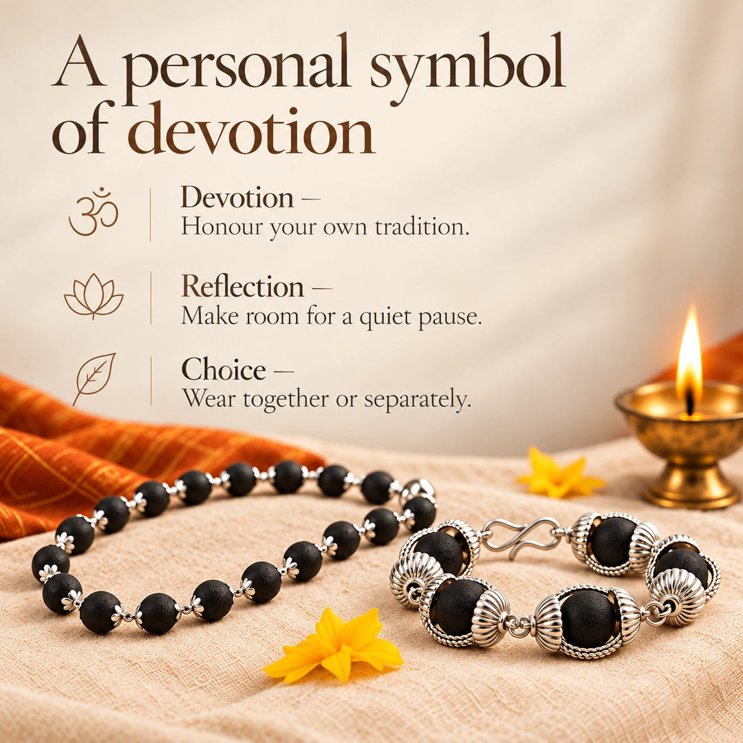 Silver-capped Karungali necklace &amp; bracelet set