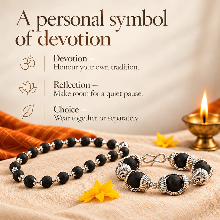Silver-capped Karungali necklace &amp; bracelet set
