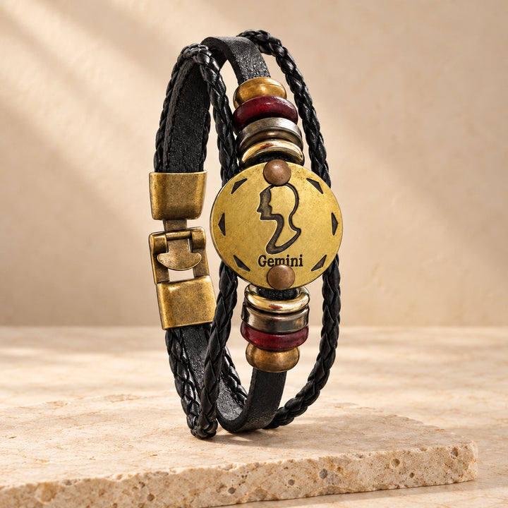 Gemini Zodiac Bracelet – Black Braided Leather Bracelet with Antique Gold-Tone Charm