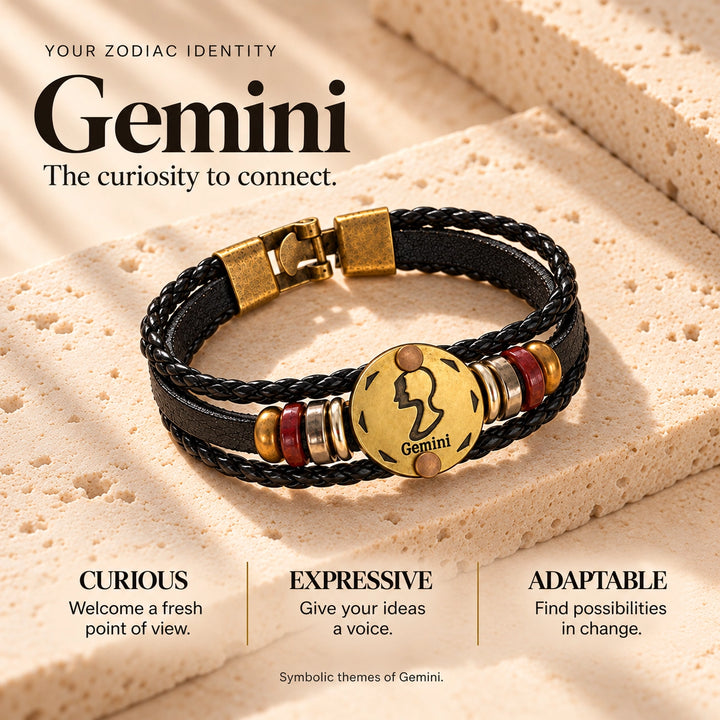 Gemini Zodiac Bracelet – Black Braided Leather Bracelet with Antique Gold-Tone Charm