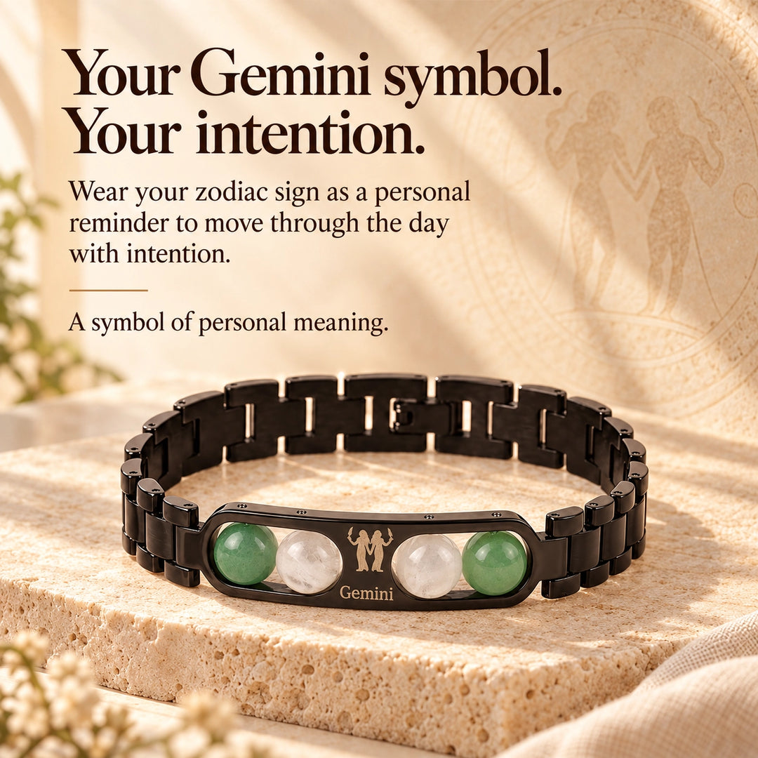 Gemini Zodiac Black Metal Bracelet with Green &amp; White Stone Detailing for Men &amp; Women