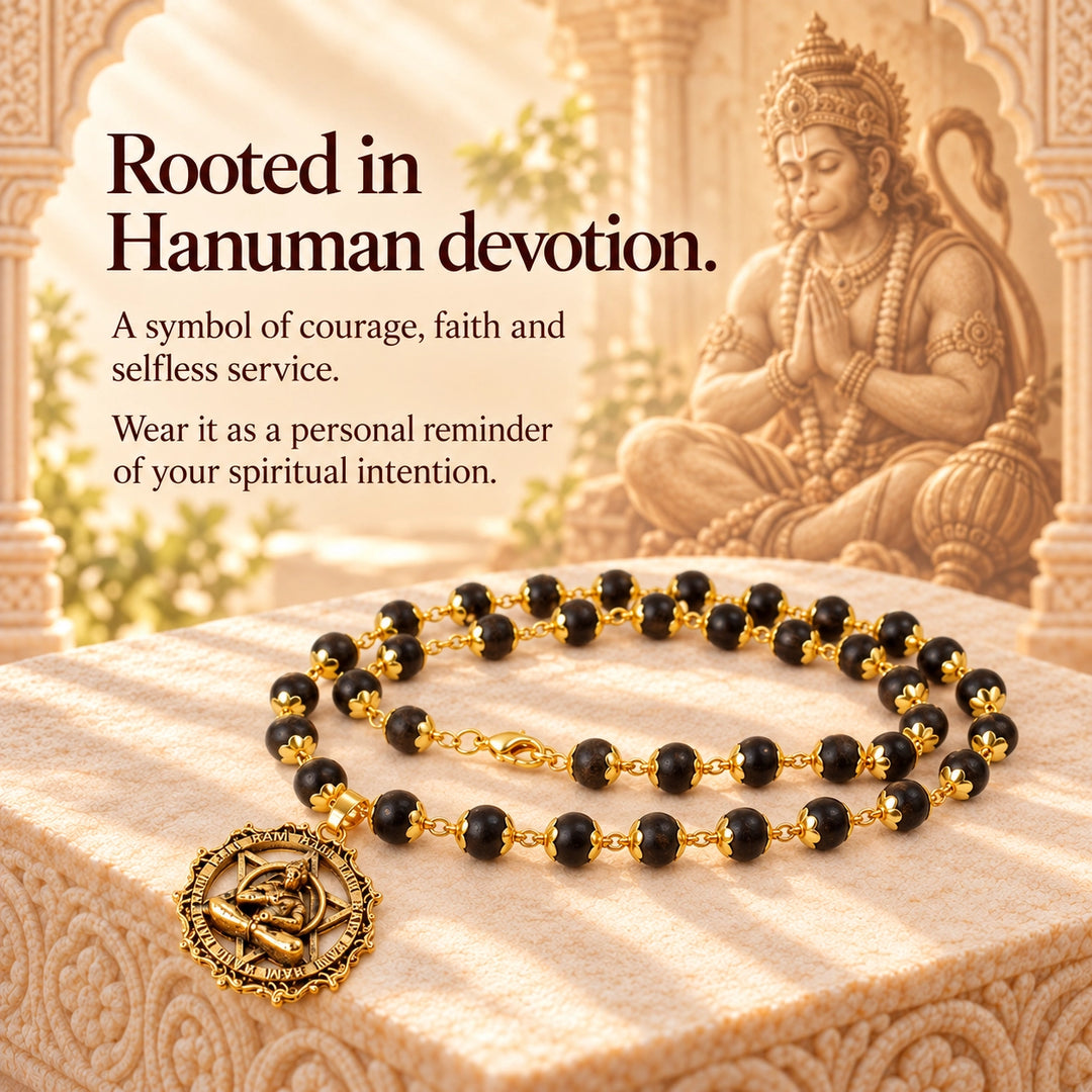 Karungali Mala with Hanuman Kavach Pendant | 54 beads, Gold Caps | Lab Certified
