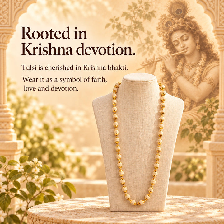 Natural Tulsi Beads Mala with Gold Capping Krishna Chain for daily wear