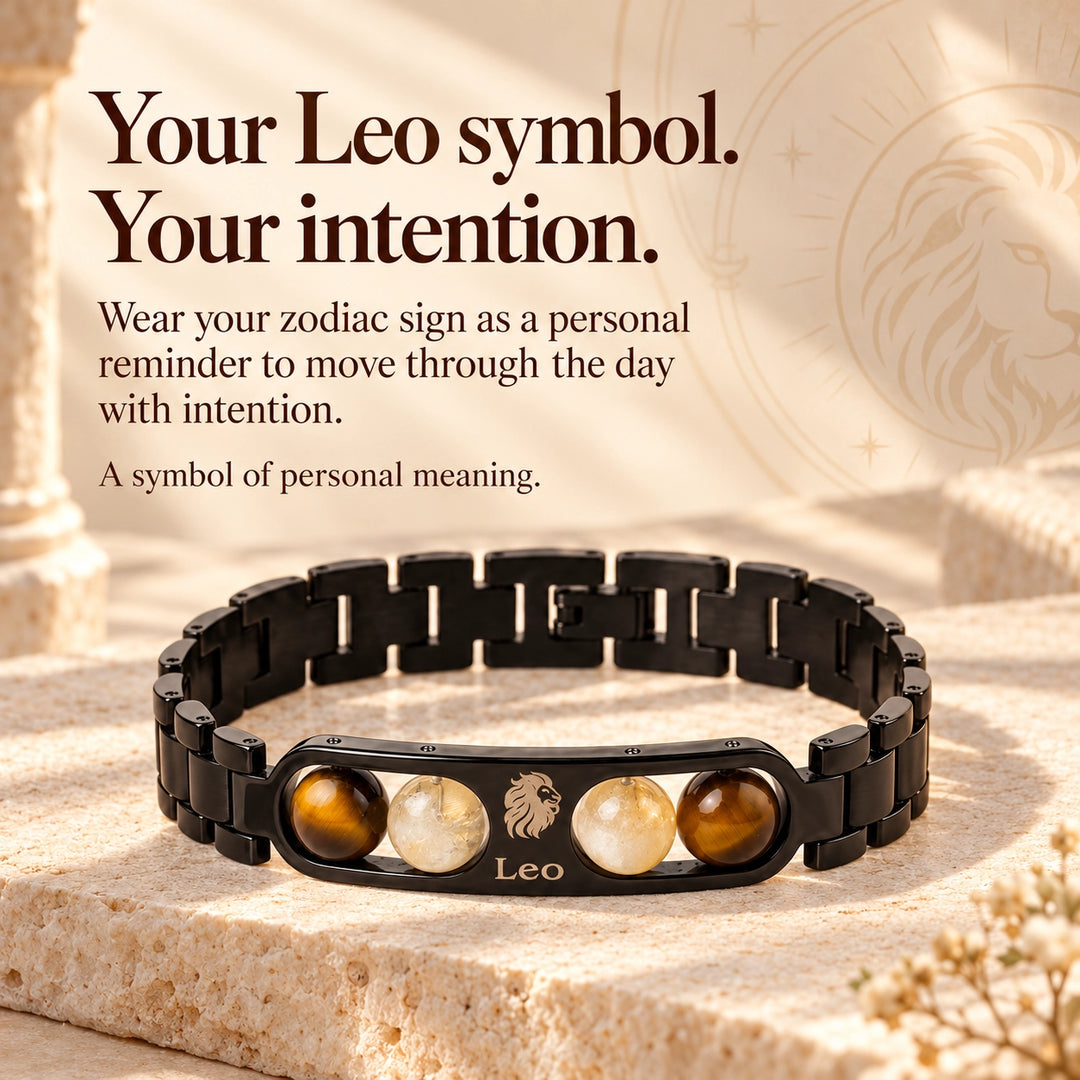 Leo Zodiac Black Metal Bracelet with Tiger Eye &amp; White Stone Detailing for Men &amp; Women