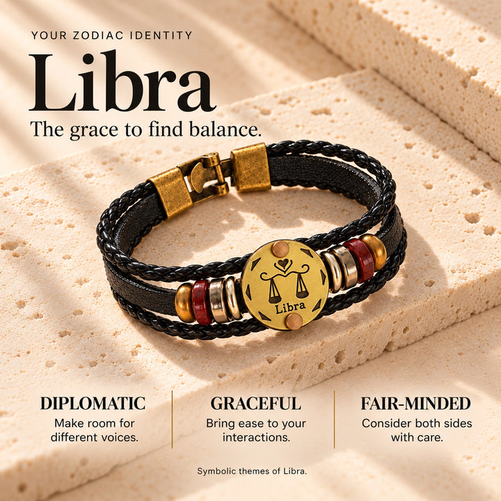 Libra Zodiac Bracelet – Black Braided Leather Bracelet with Antique Gold-Tone Charm