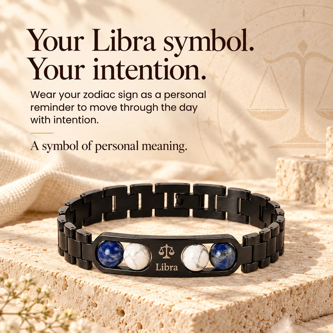 Libra Zodiac Black Metal Bracelet with Blue &amp; White Stone Detailing for Men &amp; Women