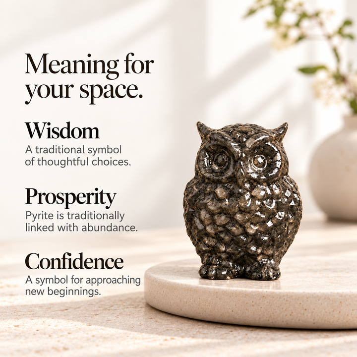 Natural Pyrite Stone Owl Showpiece for Home &amp; Office Decor | Wisdom, Prosperity &amp; Confidence Symbol