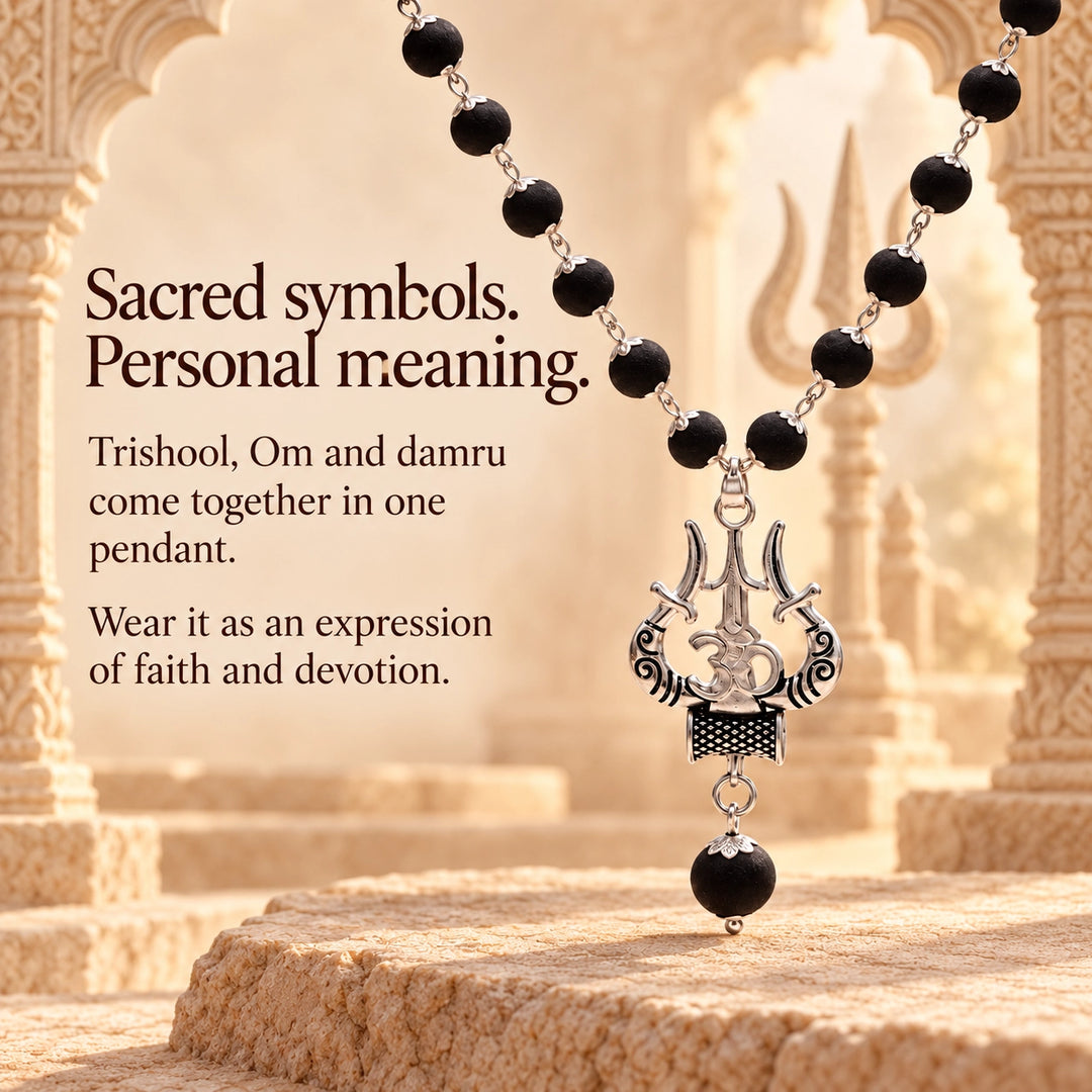 Original Karungali Mala | Trishul Pendant, Silver Caps | Lab Certified