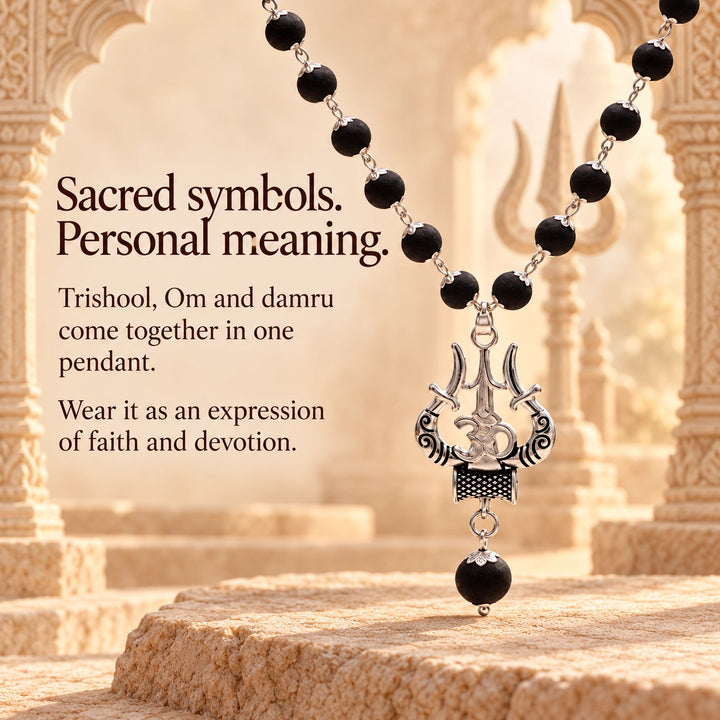 Original Karungali Mala | Trishul Pendant, Silver Caps | Lab Certified