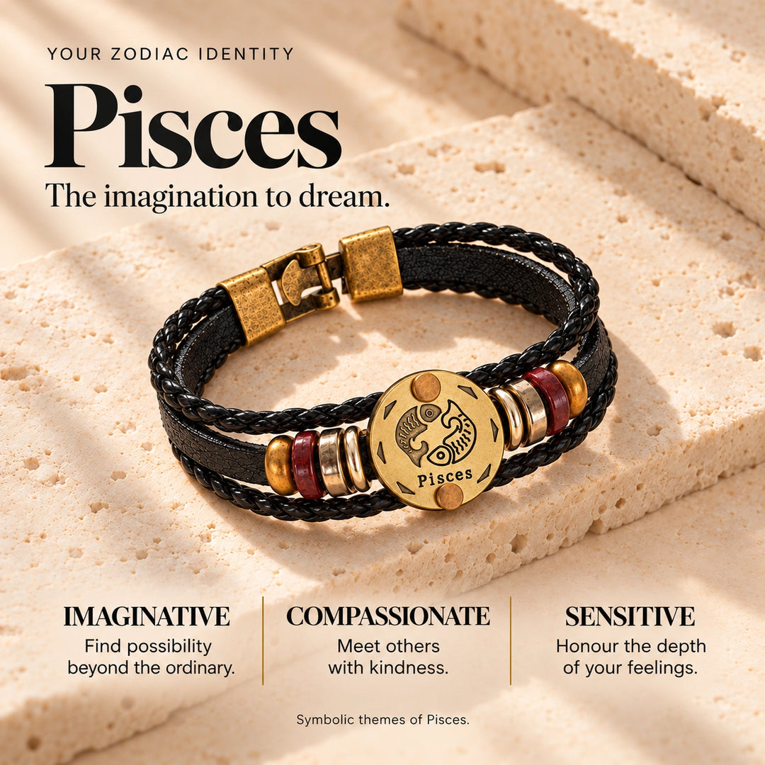 Pisces Zodiac Bracelet – Black Braided Leather Bracelet with Antique Gold-Tone Charm