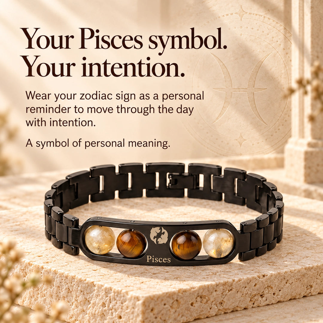 Pisces Zodiac Black Metal Bracelet with Amber &amp; White Stone Detailing for Men &amp; Women