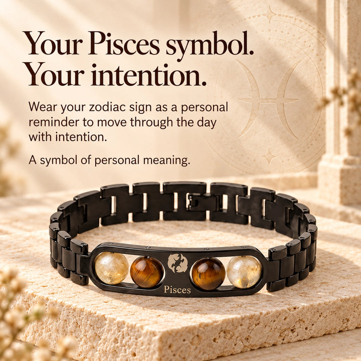 Pisces Zodiac Black Metal Bracelet with Amber &amp; White Stone Detailing for Men &amp; Women