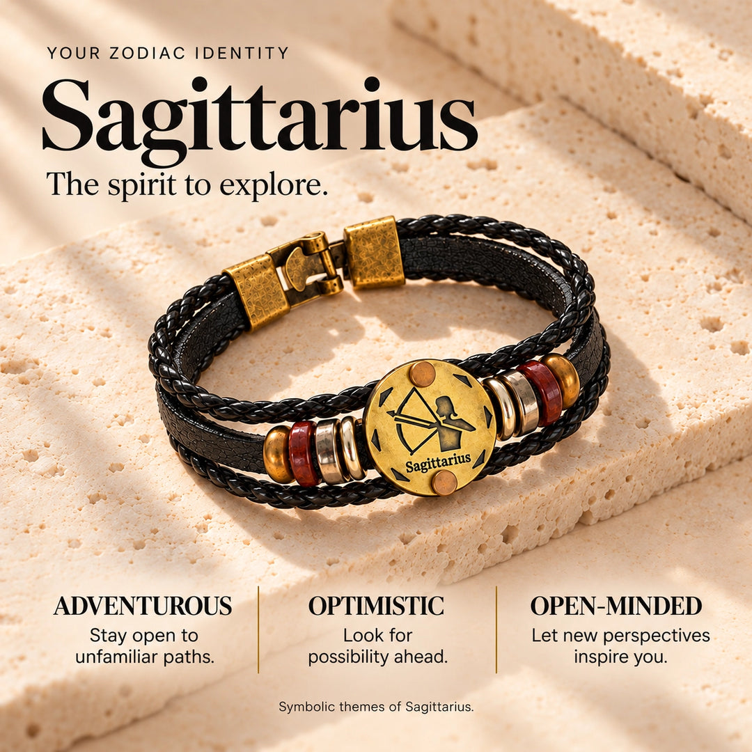 Sagittarius Zodiac Bracelet – Black Braided Leather Bracelet with Antique Gold-Tone Charm
