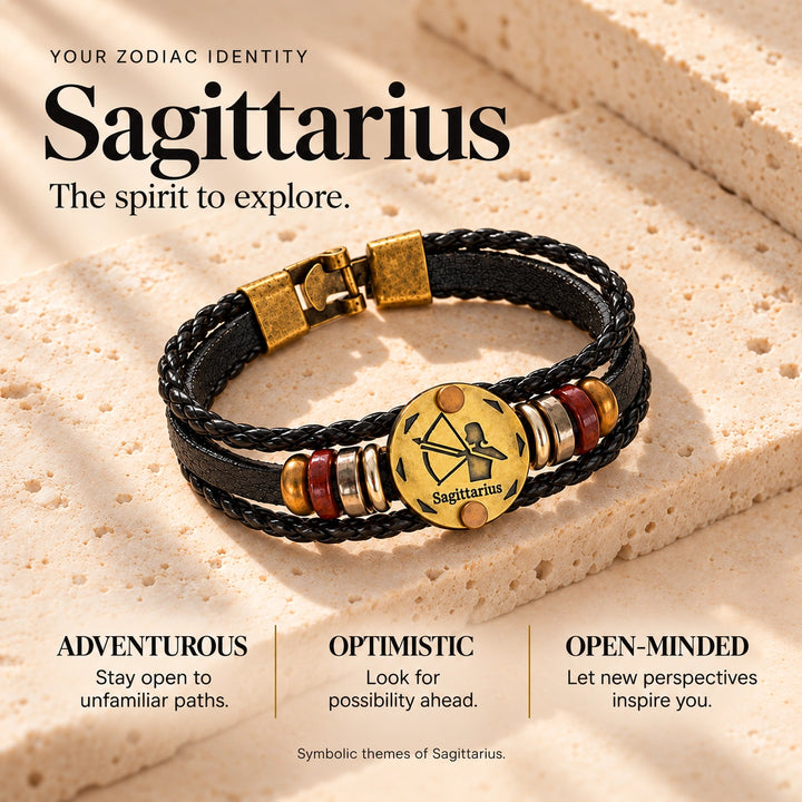 Sagittarius Zodiac Bracelet – Black Braided Leather Bracelet with Antique Gold-Tone Charm
