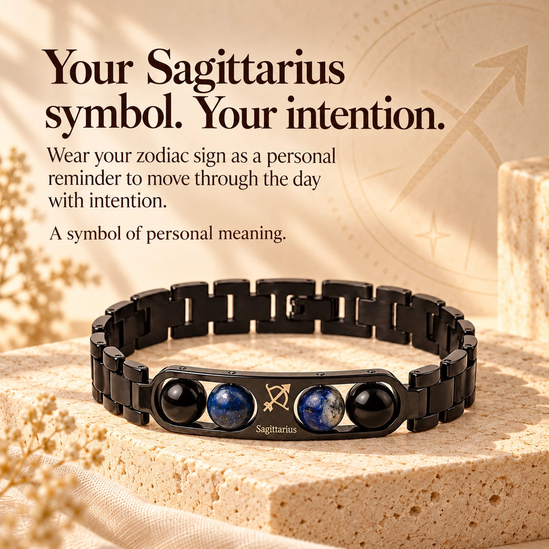 Sagittarius Zodiac Black Metal Bracelet with Blue &amp; Black Stone Detailing for Men &amp; Women