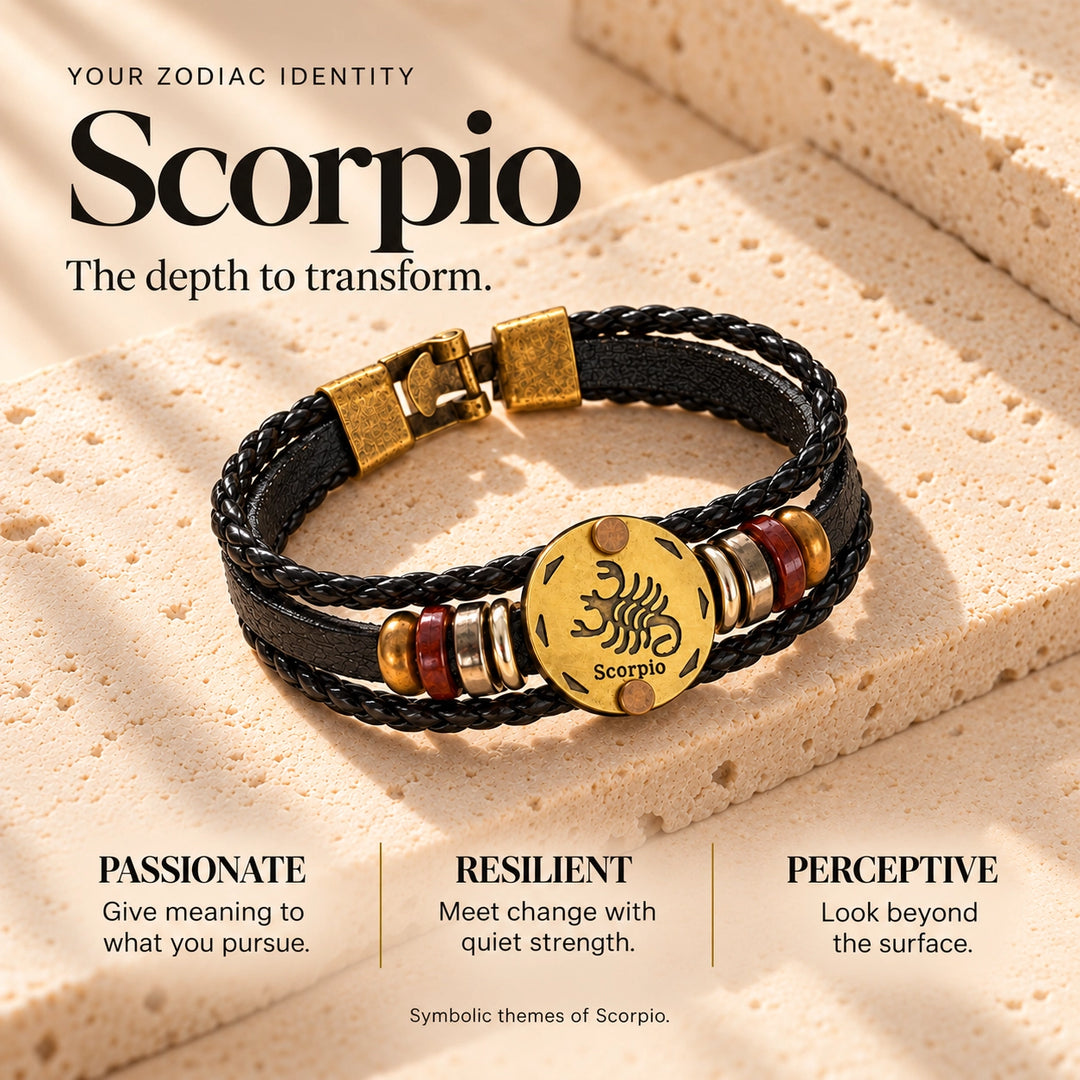 Scorpio Zodiac Bracelet – Black Braided Leather Bracelet with Antique Gold-Tone Charm