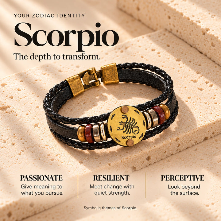 Scorpio Zodiac Bracelet – Black Braided Leather Bracelet with Antique Gold-Tone Charm