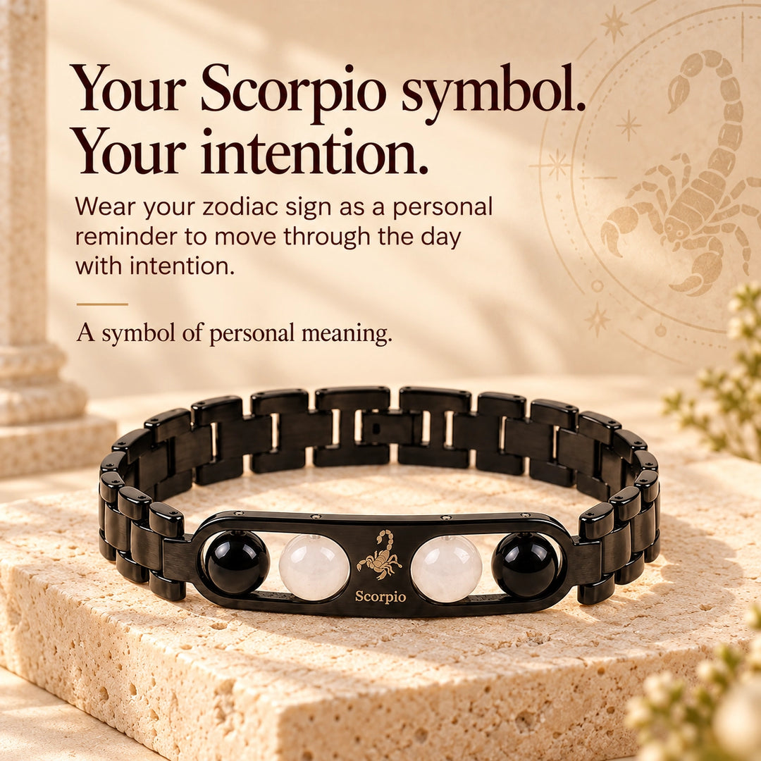 Scorpio Zodiac Black Metal Bracelet with White &amp; Black Stone Detailing for Men &amp; Women