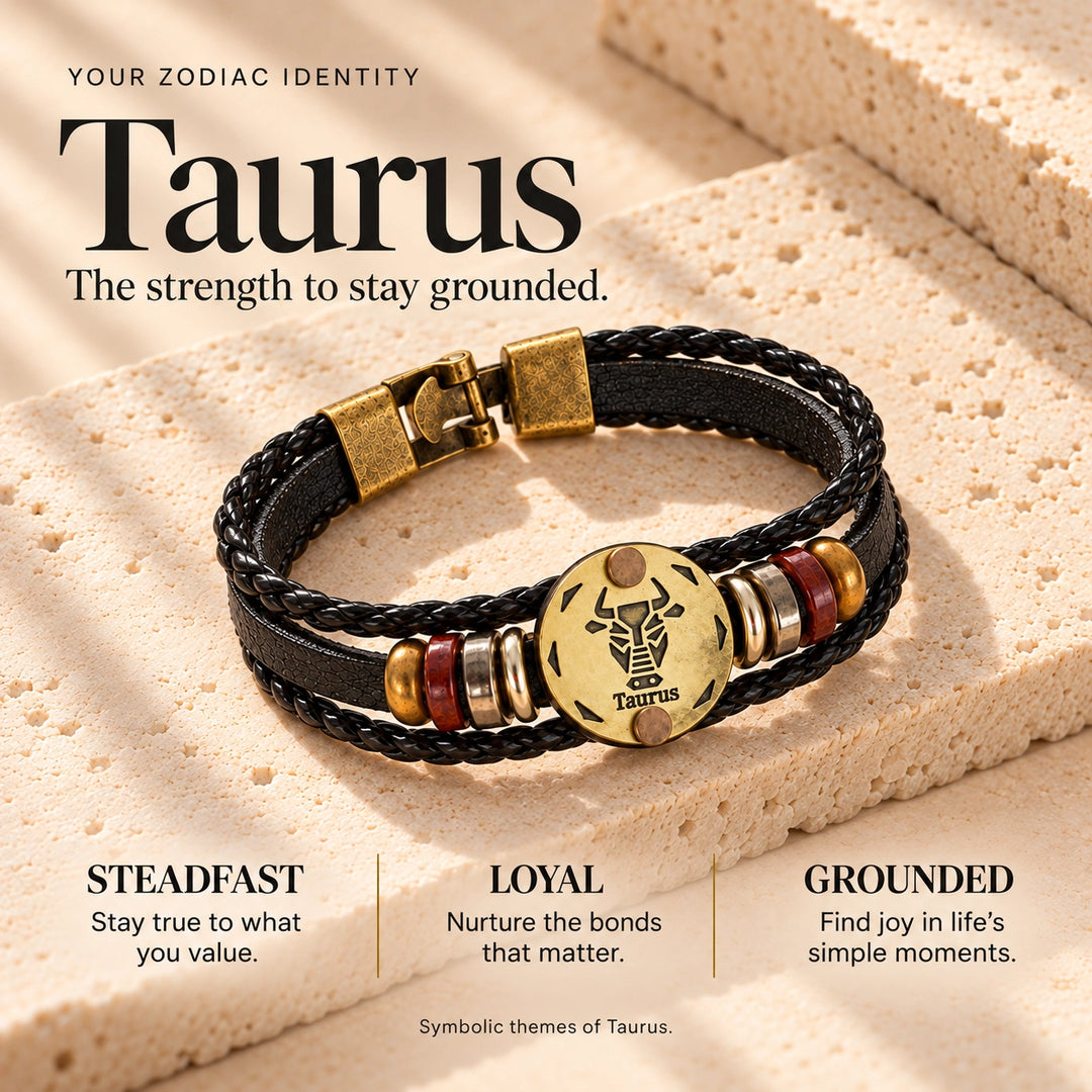 Taurus Zodiac Bracelet – Black Braided Leather Bracelet with Antique Gold-Tone Charm