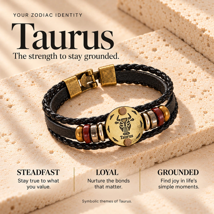 Taurus Zodiac Bracelet – Black Braided Leather Bracelet with Antique Gold-Tone Charm