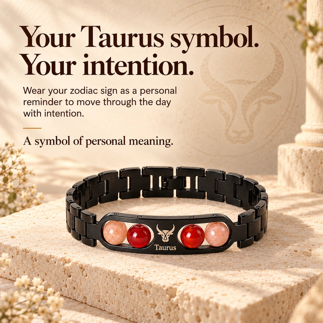 Taurus Zodiac Black Metal Bracelet with Red &amp; Peach Stone Detailing for Men &amp; Women