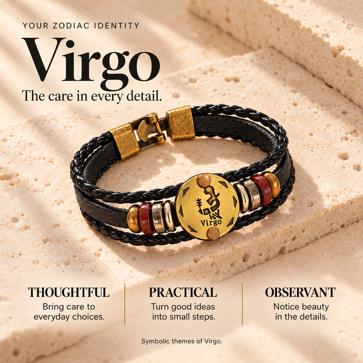 Virgo Zodiac Bracelet – Black Braided Leather Bracelet with Antique Gold-Tone Charm