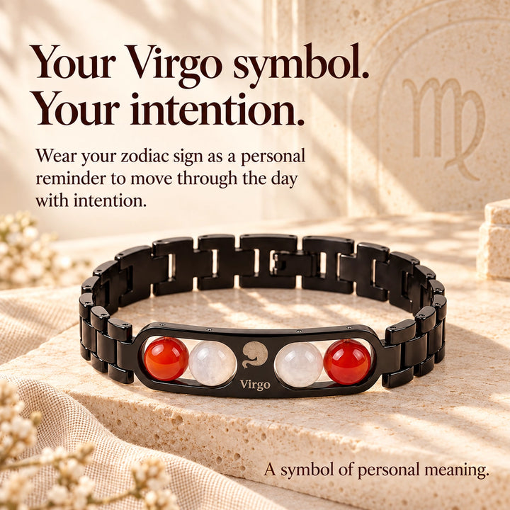 Virgo Zodiac Black Metal Bracelet with Red &amp; White Stone Detailing for Men &amp; Women