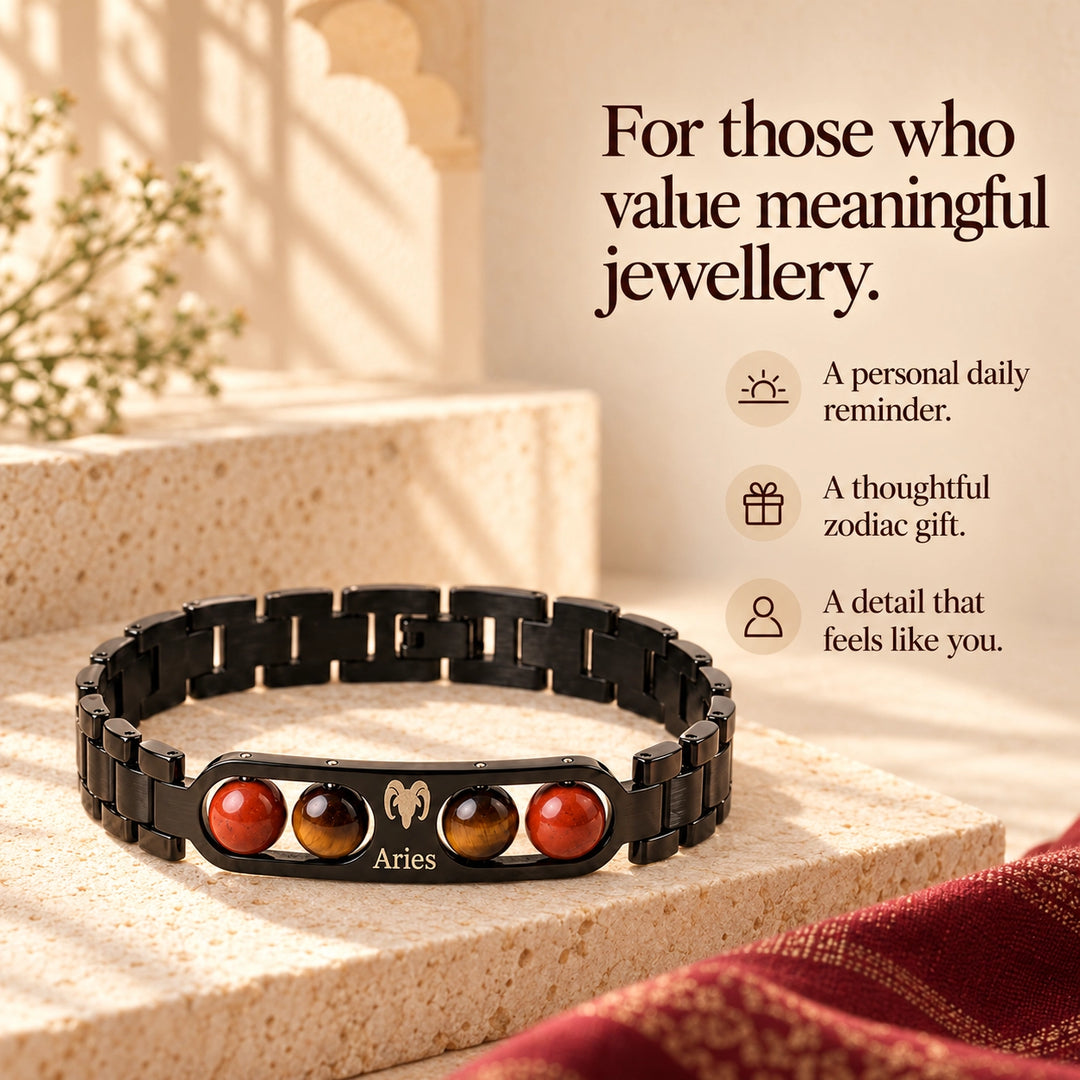Aries Zodiac Black Metal Bracelet with Red &amp; Brown Stone Detailing for Men &amp; Women