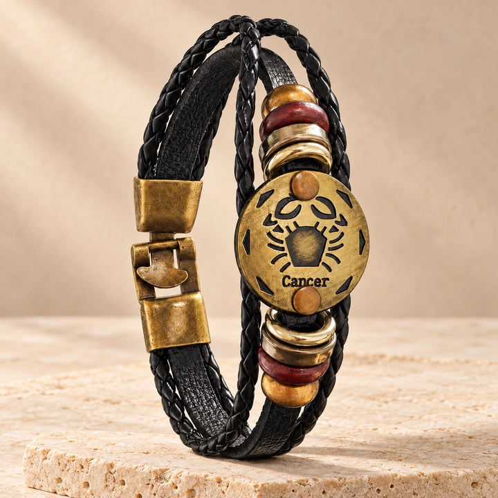 Cancer Zodiac Bracelet – Black Braided Leather Bracelet with Antique Gold-Tone Charm