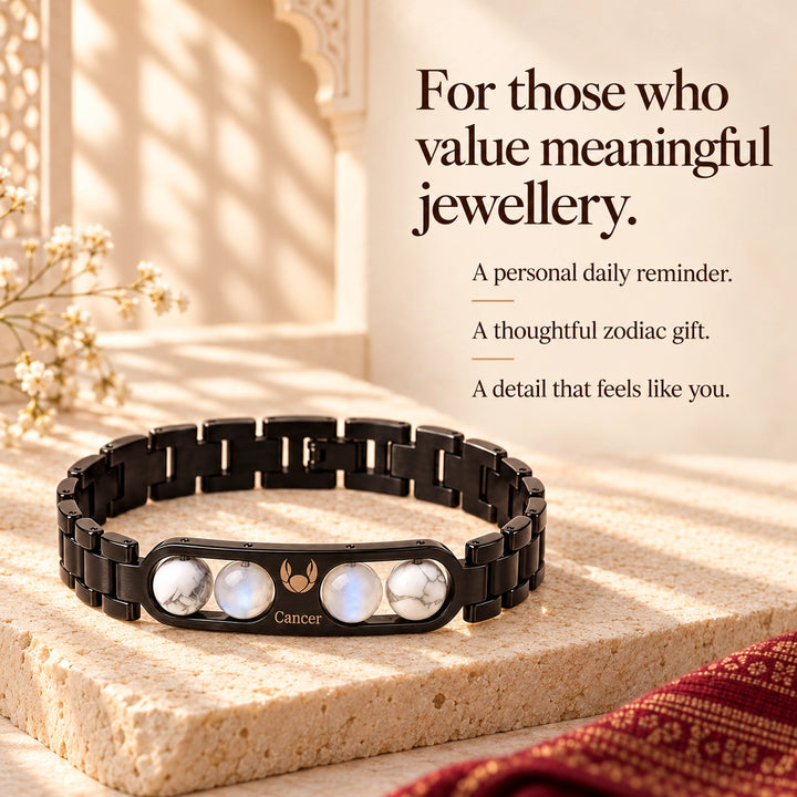 Cancer Zodiac Black Metal Bracelet with White &amp; Blue Stone Detailing for Men &amp; Women