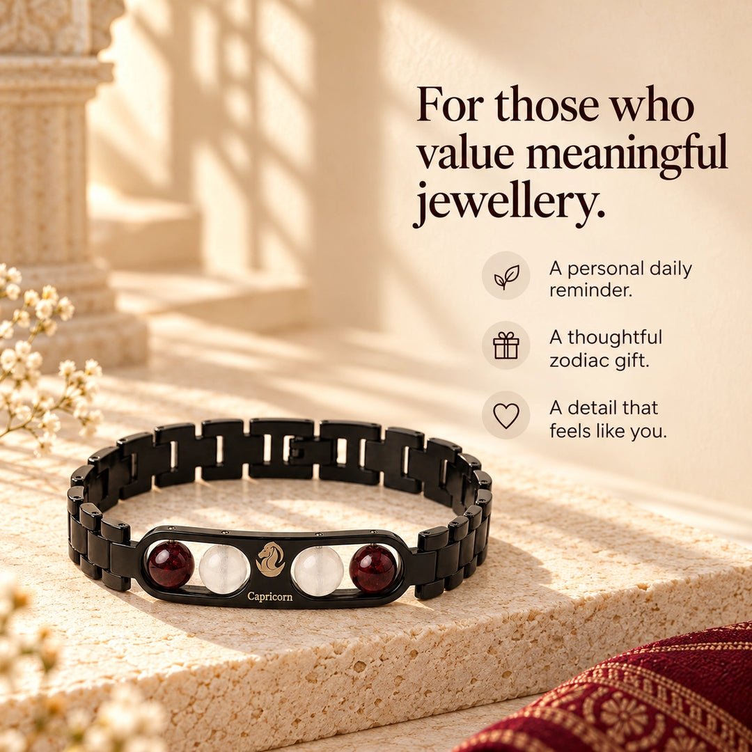 Capricorn Zodiac Black Metal Bracelet with Red &amp; White Stone Detailing for Men &amp; Women
