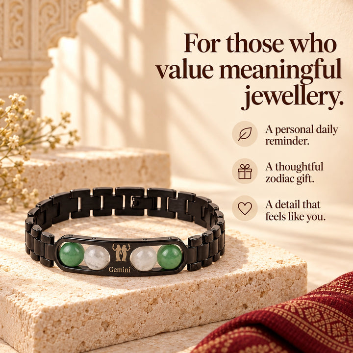 Gemini Zodiac Black Metal Bracelet with Green &amp; White Stone Detailing for Men &amp; Women