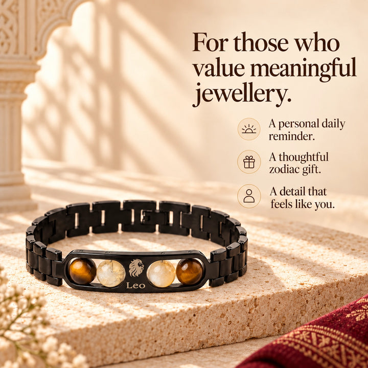 Leo Zodiac Black Metal Bracelet with Tiger Eye &amp; White Stone Detailing for Men &amp; Women
