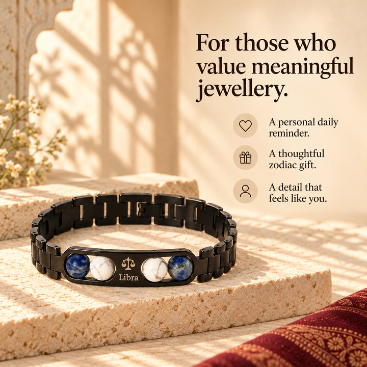 Libra Zodiac Black Metal Bracelet with Blue &amp; White Stone Detailing for Men &amp; Women