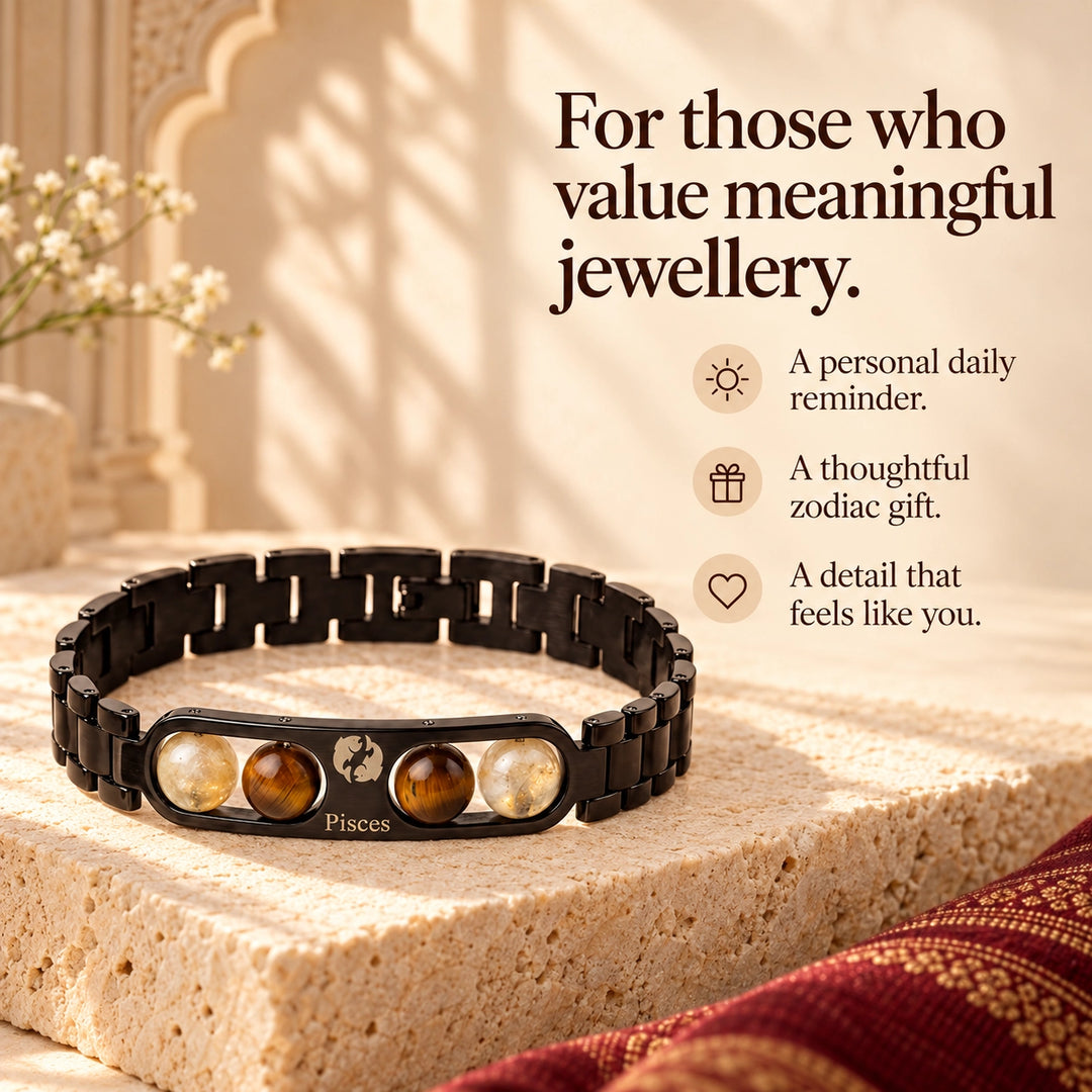 Pisces Zodiac Black Metal Bracelet with Amber &amp; White Stone Detailing for Men &amp; Women