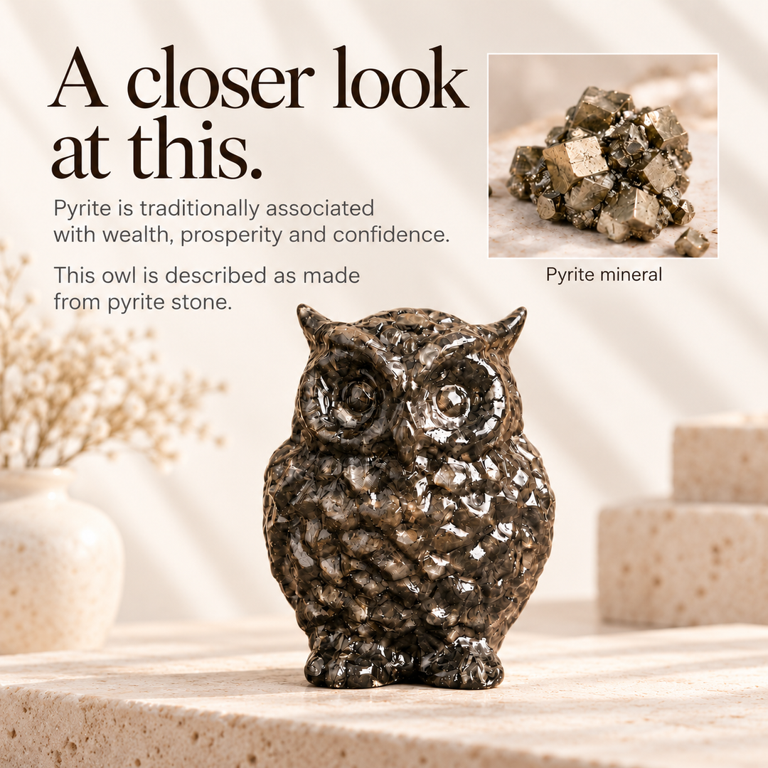 Natural Pyrite Stone Owl Showpiece for Home &amp; Office Decor | Wisdom, Prosperity &amp; Confidence Symbol
