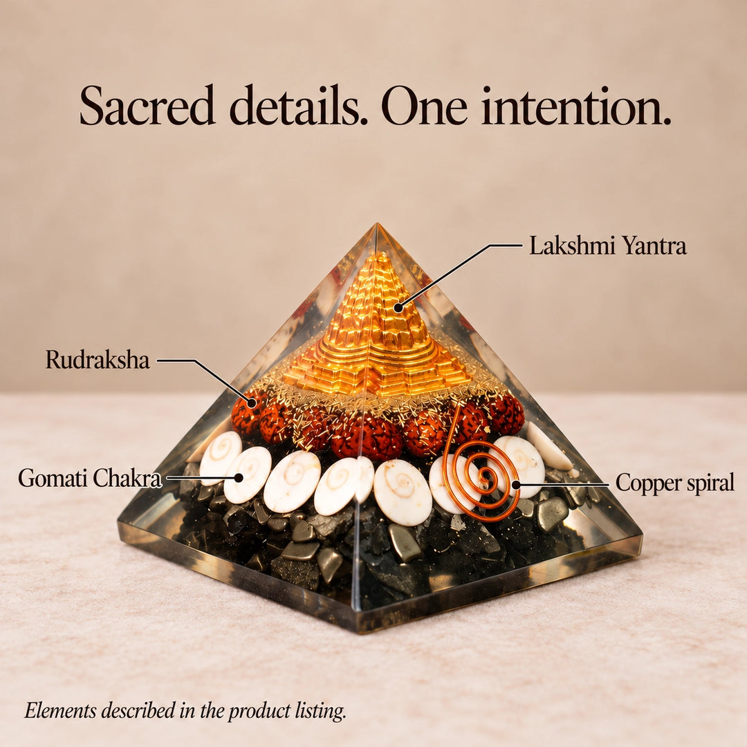 Dhan Laxmi Yantra Vastu Crystal Pyramid | Gomti Chakra &amp; Kaudi for Wealth | Home Decor