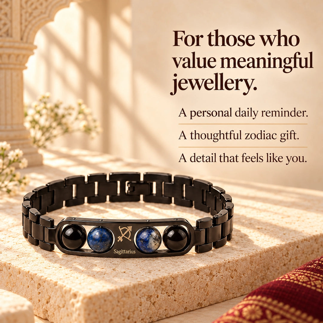 Sagittarius Zodiac Black Metal Bracelet with Blue &amp; Black Stone Detailing for Men &amp; Women