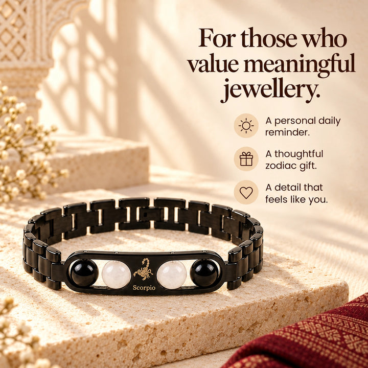 Scorpio Zodiac Black Metal Bracelet with White &amp; Black Stone Detailing for Men &amp; Women