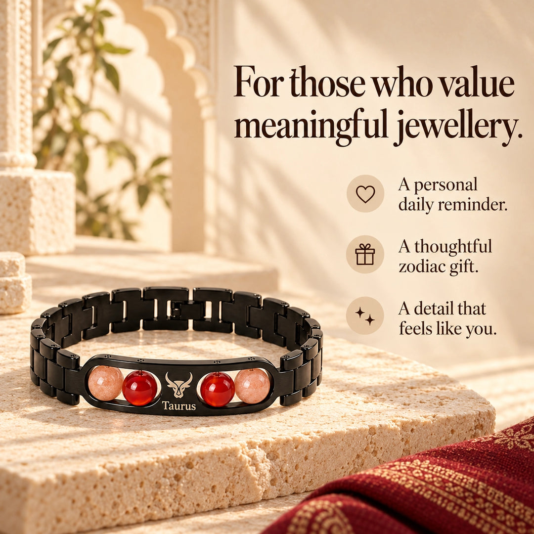 Taurus Zodiac Black Metal Bracelet with Red &amp; Peach Stone Detailing for Men &amp; Women