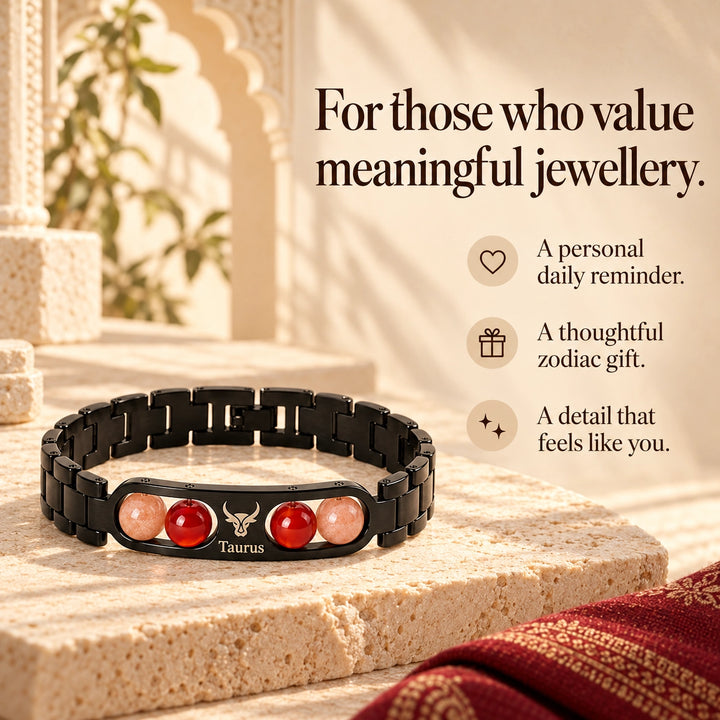 Taurus Zodiac Black Metal Bracelet with Red &amp; Peach Stone Detailing for Men &amp; Women