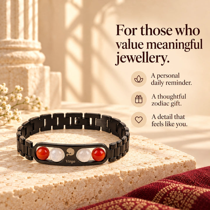 Virgo Zodiac Black Metal Bracelet with Red &amp; White Stone Detailing for Men &amp; Women
