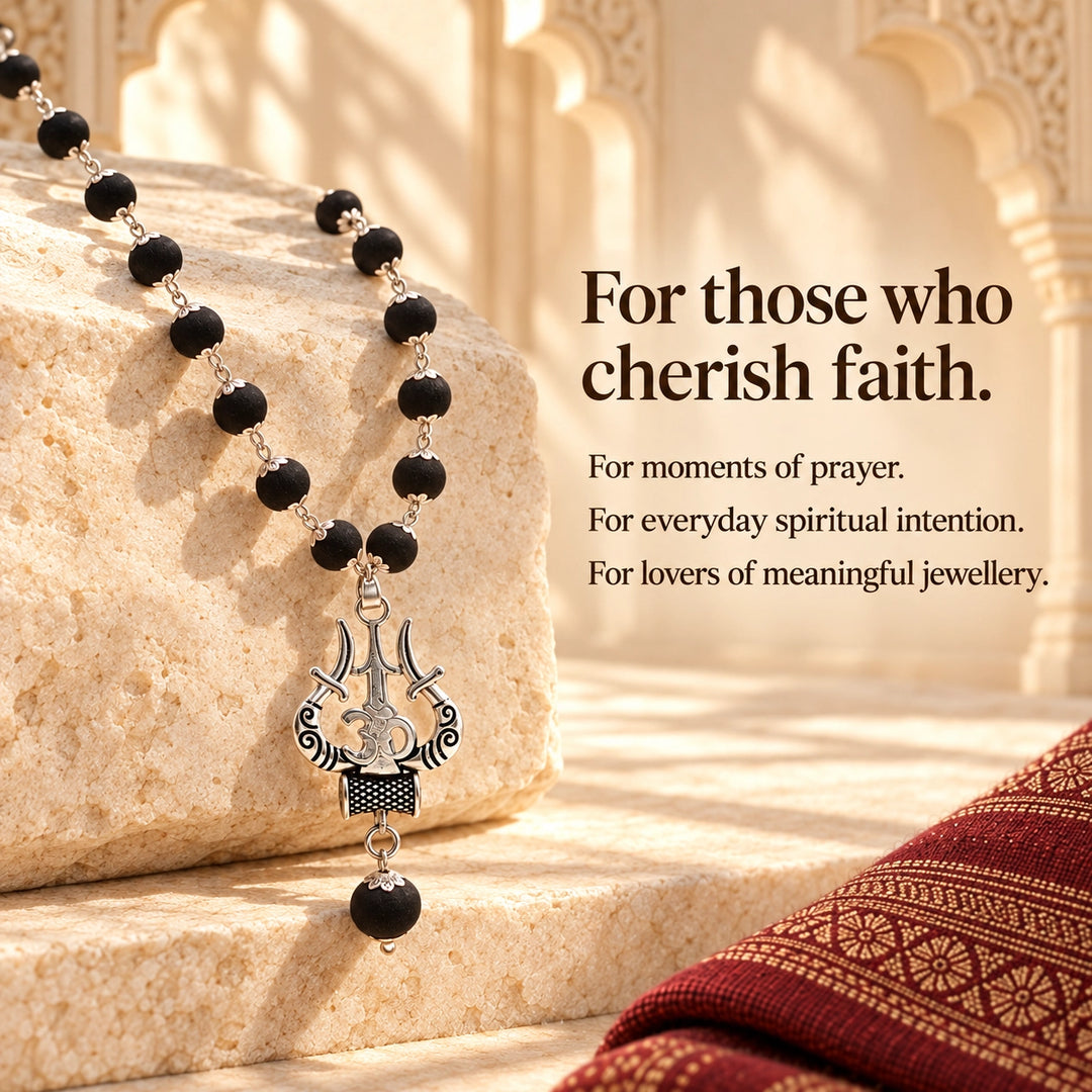 Original Karungali Mala | Trishul Pendant, Silver Caps | Lab Certified